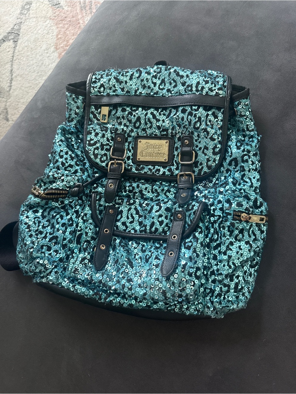 Juicy Couture Turquoise Sequin Backpack with Black Trim
